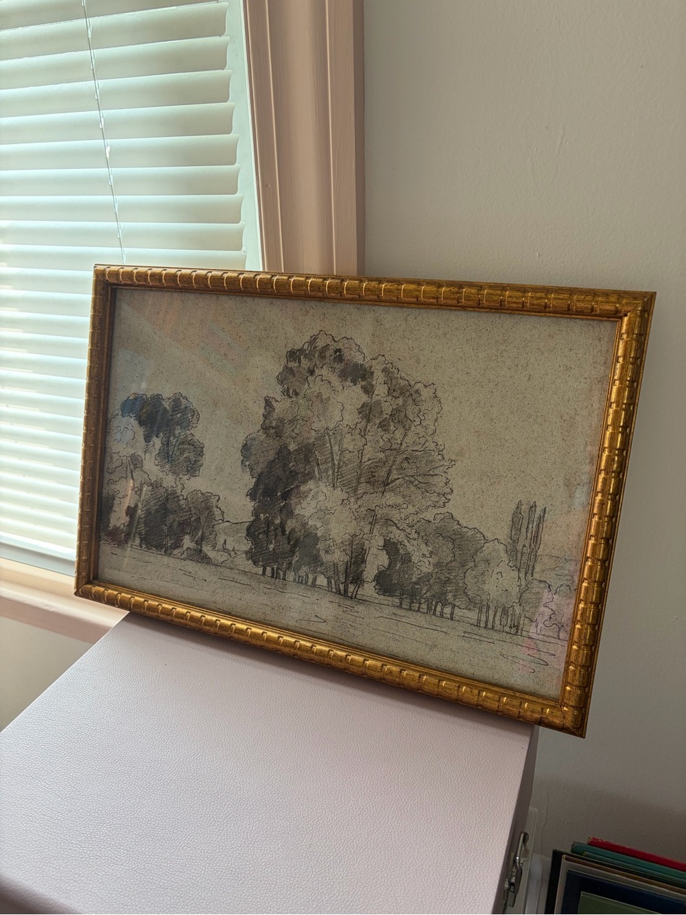 Gold-Framed Landscape Tree Drawing - Neutral Tones